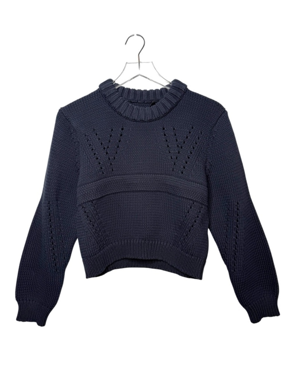 TIBI Navy Cropped Pointelle Cotton Structured Women’s Crew Sweater Sz XS